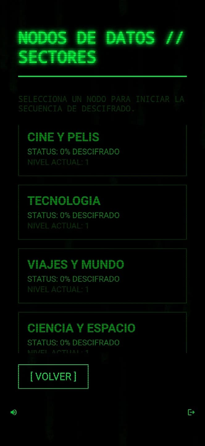 Menu sektorów danych z kategoriami Cine y Pelis, Tecnologia, Viajes y Mundo oraz Ciencia y Espacio