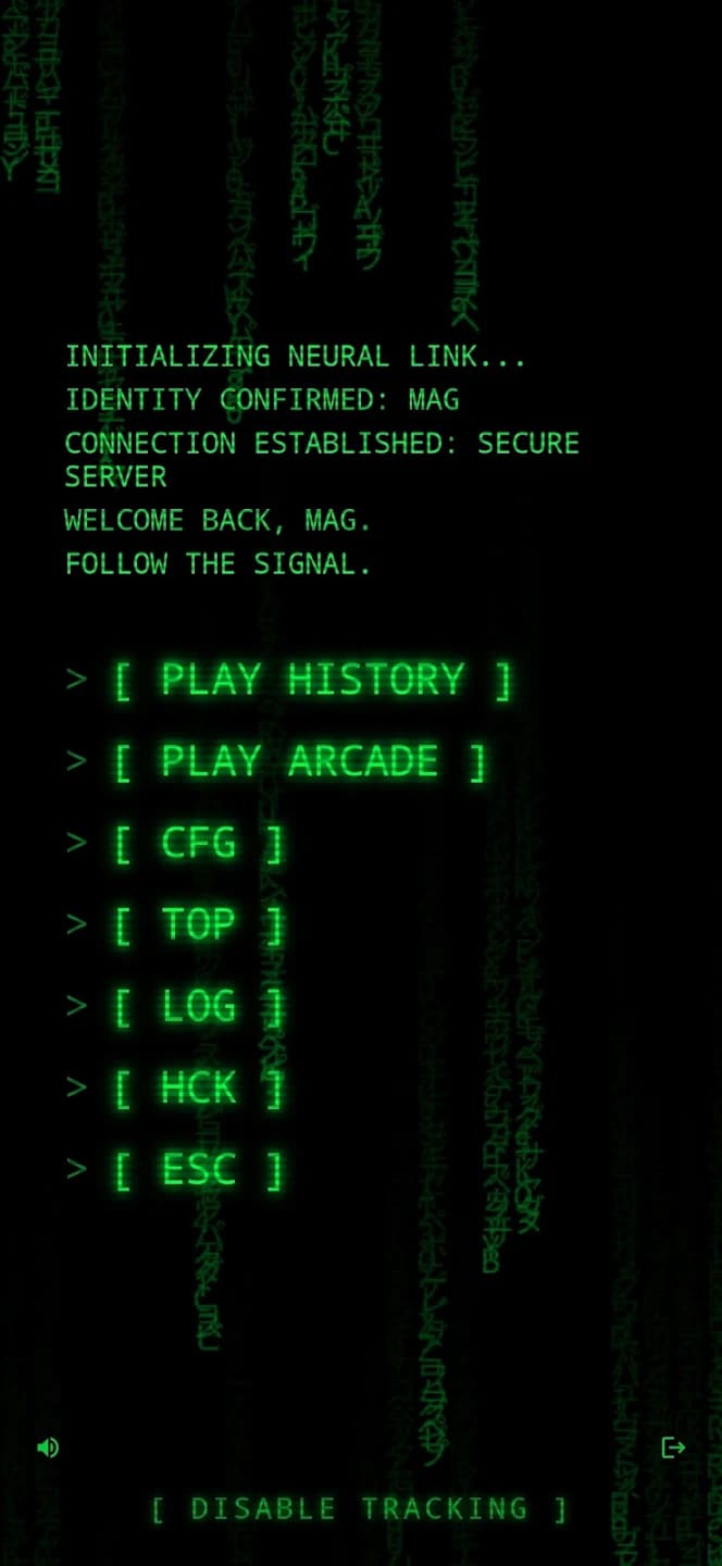 Główne menu gry z opcjami Play History, Play Arcade, CFG i Top